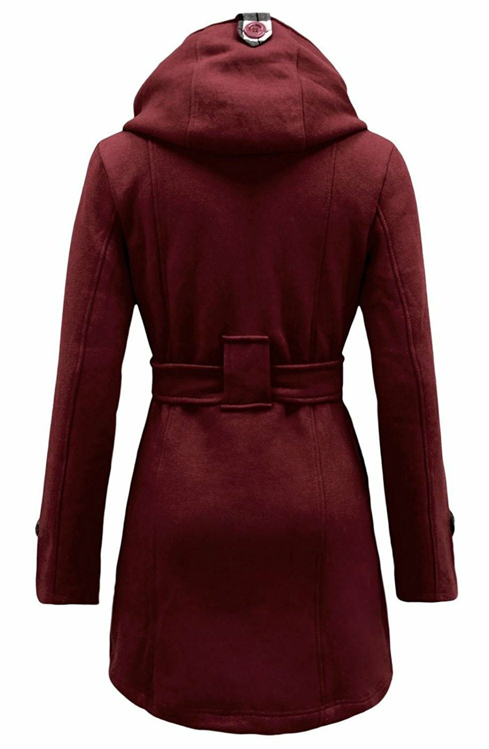 Women's Checkered Hooded Belted Winter Duffle Coat with Long Buttoned Fleece Jacket