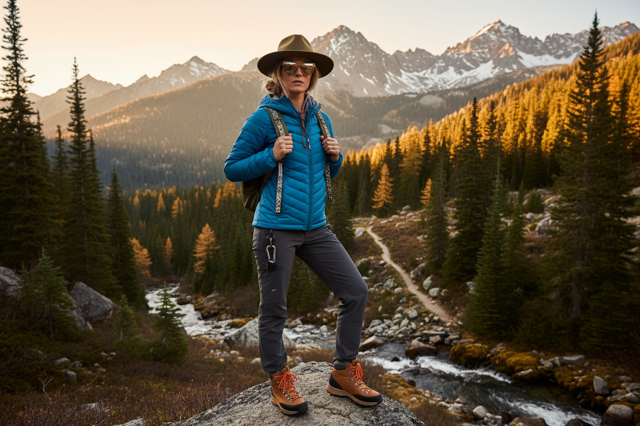fashionable lady standing on a rock with a mountainous scenic backdrop