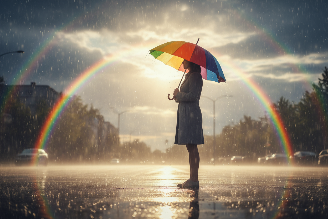 woman standing with colourful umbrella on a rainy sunny day with double rainbow behind her