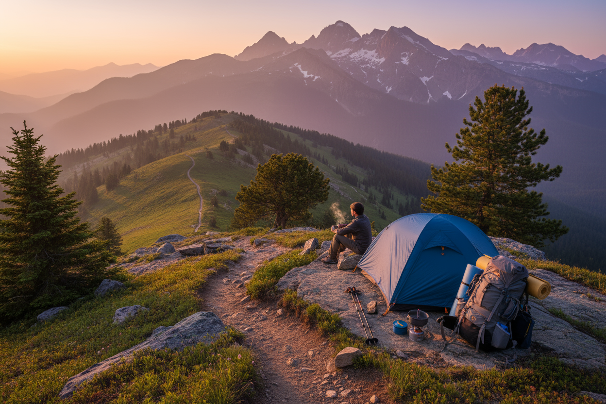 Man admiring the mountain scenery from his tent
