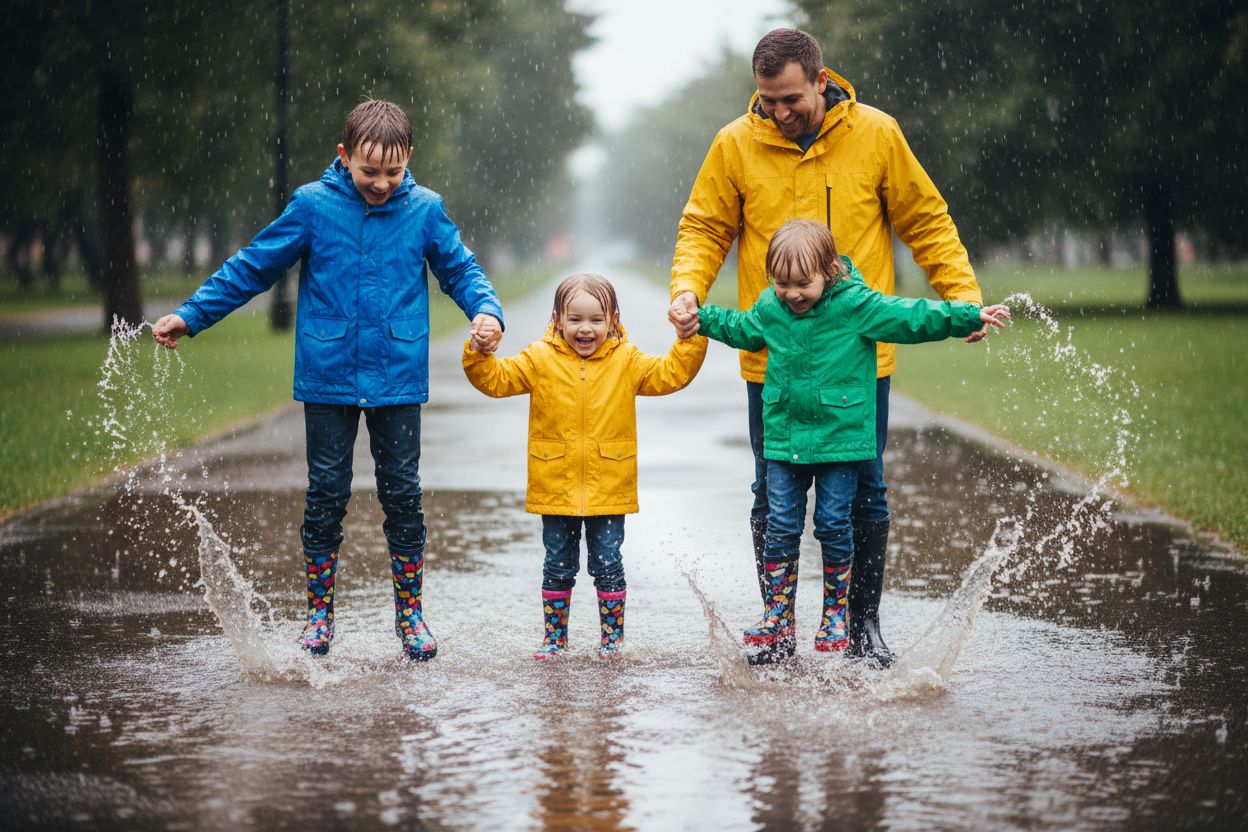 man and three kids jumping in puddles happy and enthusiastic