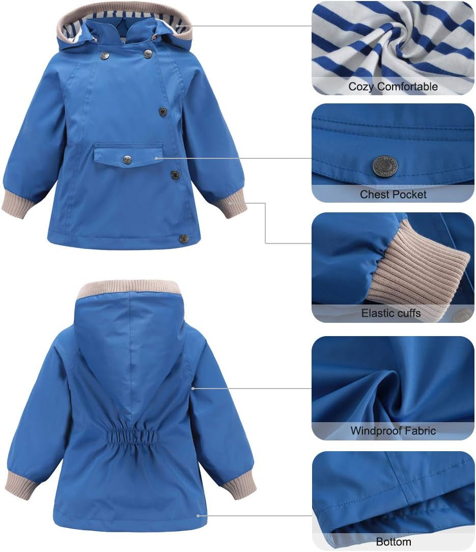 Boys Girls Waterproof Hooded Rain Jacket Kids Cotton Lined Rain Coat Toddler Windbreaker Spring Fall Raincoat