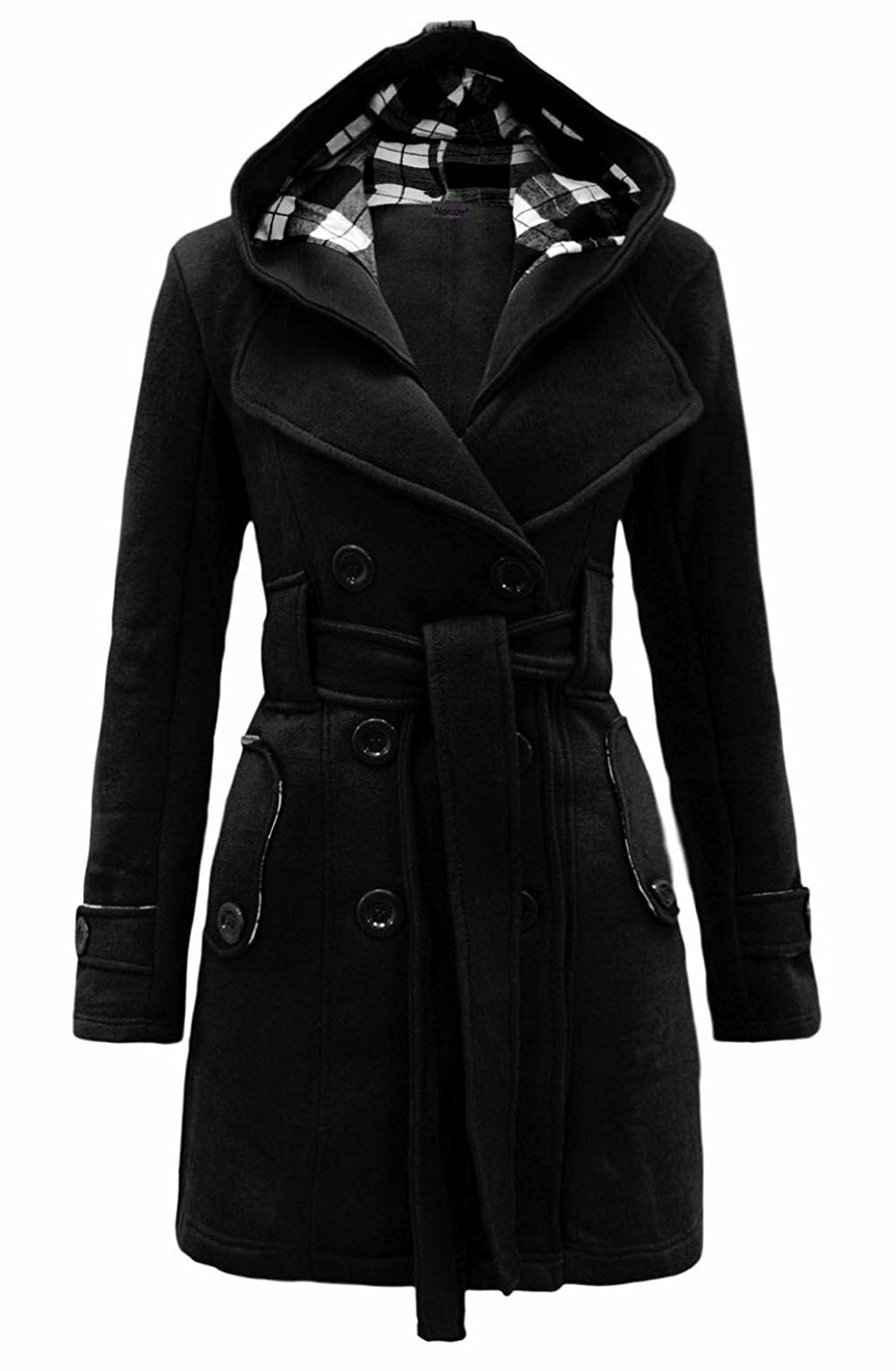 Women's Checkered Hooded Belted Winter Duffle Coat with Long Buttoned Fleece Jacket