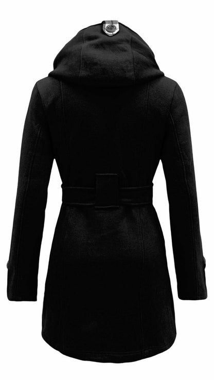 Women's Checkered Hooded Belted Winter Duffle Coat with Long Buttoned Fleece Jacket