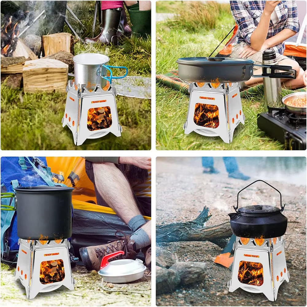 Lightweight Portable Camping Wood Stove - Stainless Steel Folding Firewood Stove for Hiking, BBQ, and Picnics