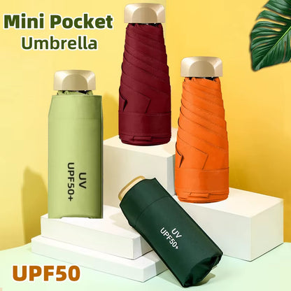 Mini Pocket Umbrella Portable Small Travel Rain Parasol Vinyl Folding Sun Shade Rainproof Umbrella UPF50+ Capsule Umbrellas
