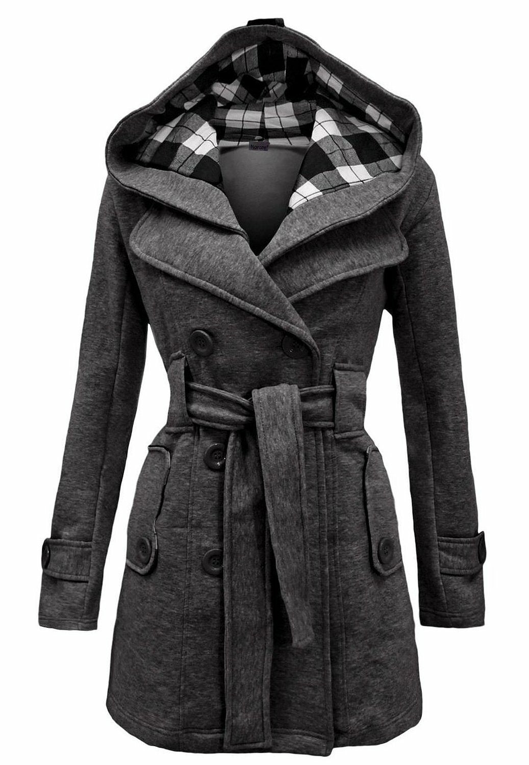 Women's Checkered Hooded Belted Winter Duffle Coat with Long Buttoned Fleece Jacket