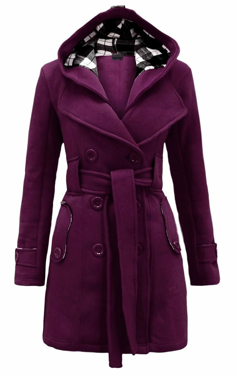 Women's Checkered Hooded Belted Winter Duffle Coat with Long Buttoned Fleece Jacket