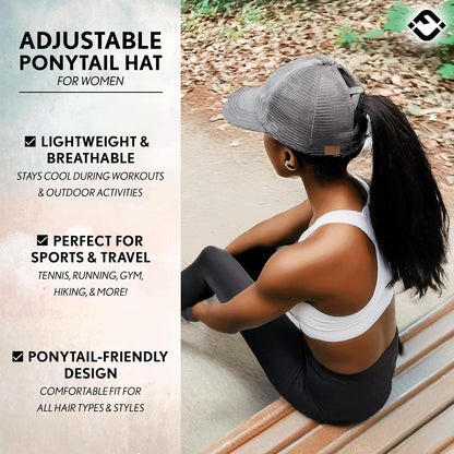Ponytail Hat for Women - Baseball Cap with Adjustable Fit & High Pony Tail Criss Cross Back for Everyday Wear