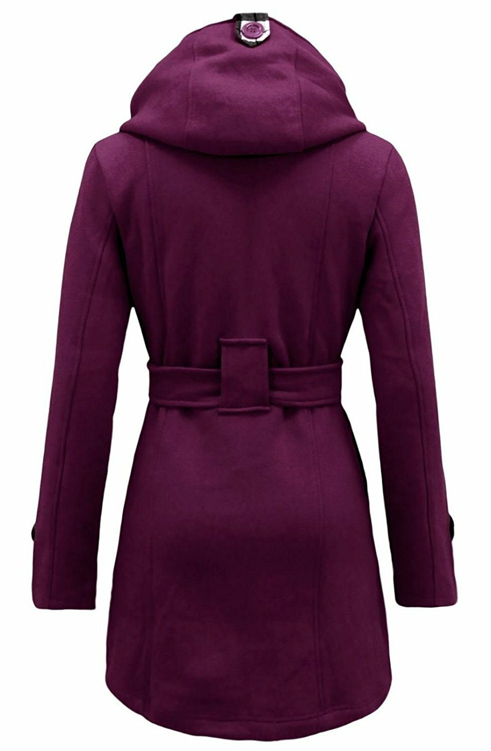 Women's Checkered Hooded Belted Winter Duffle Coat with Long Buttoned Fleece Jacket