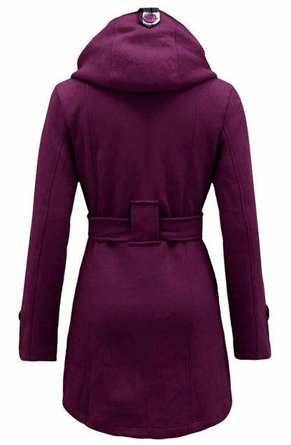 Women's Checkered Hooded Belted Winter Duffle Coat with Long Buttoned Fleece Jacket