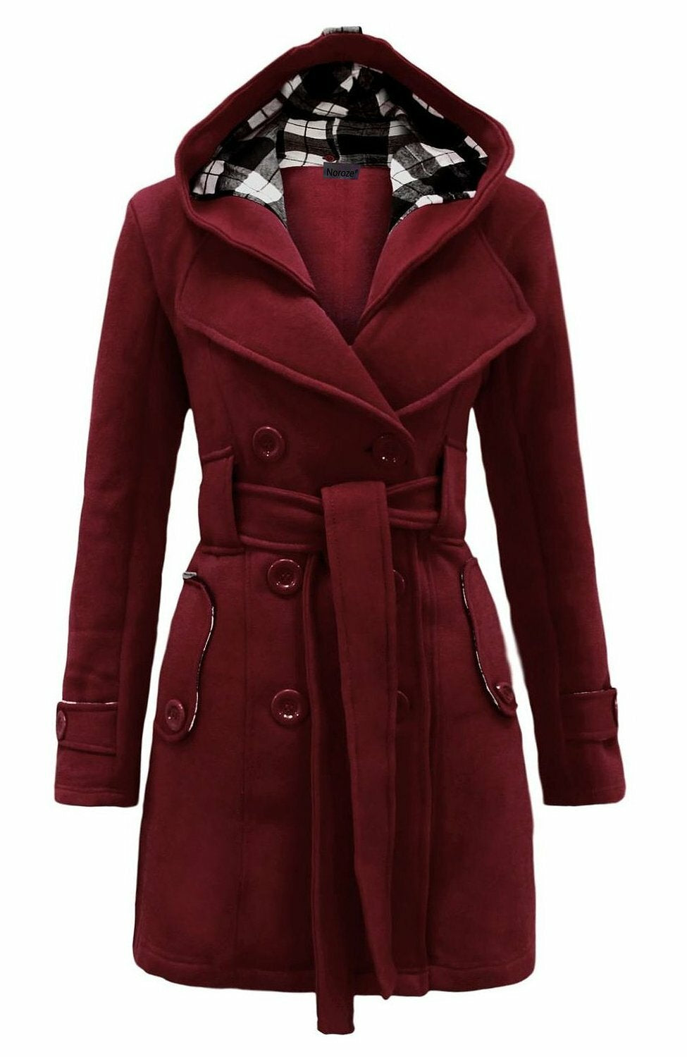 Women's Checkered Hooded Belted Winter Duffle Coat with Long Buttoned Fleece Jacket