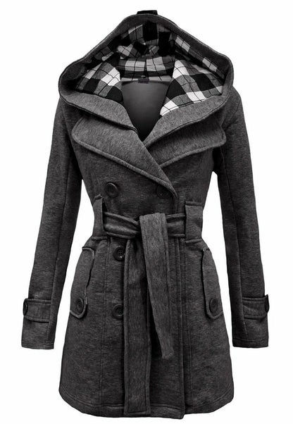 Women's Checkered Hooded Belted Winter Duffle Coat with Long Buttoned Fleece Jacket