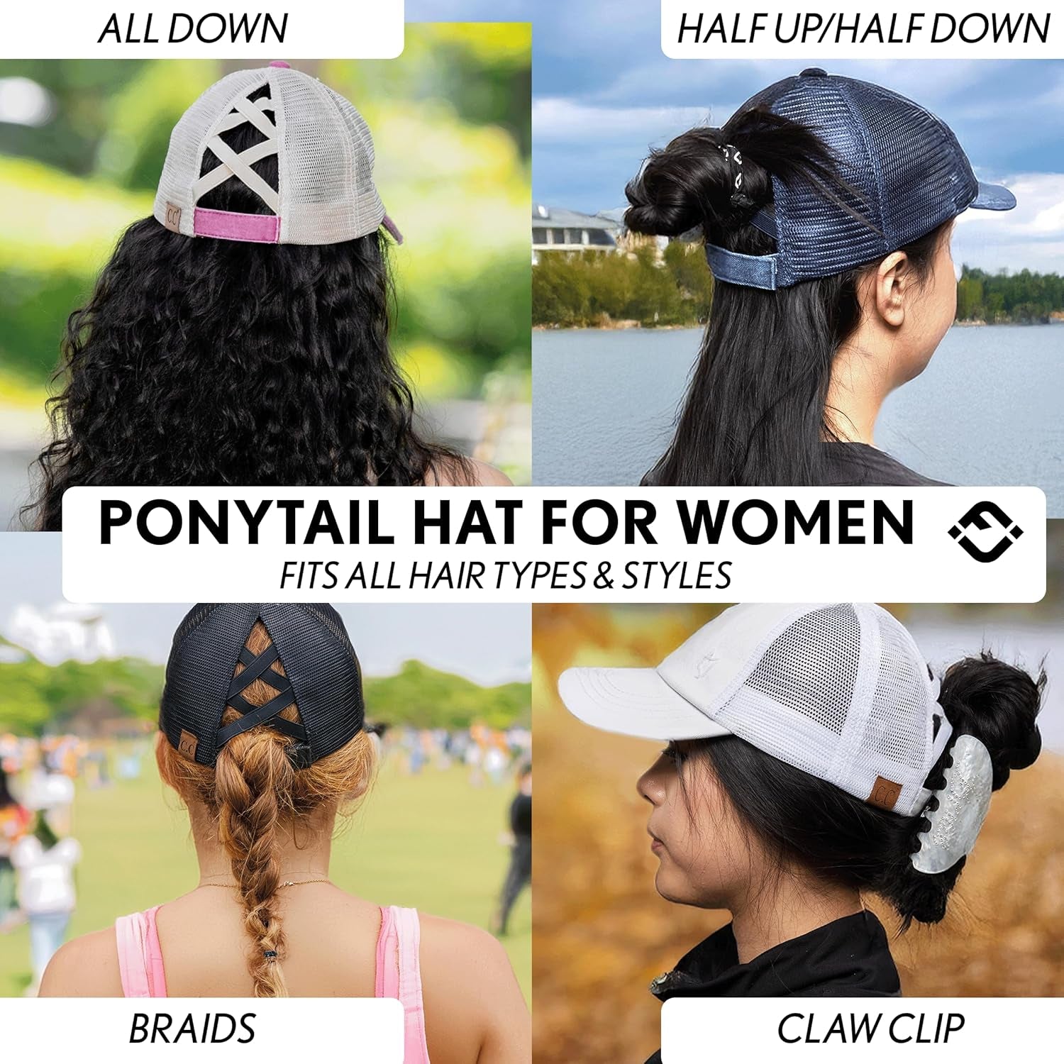 Ponytail Hat for Women - Baseball Cap with Adjustable Fit & High Pony Tail Criss Cross Back for Everyday Wear