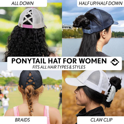 Ponytail Hat for Women - Baseball Cap with Adjustable Fit & High Pony Tail Criss Cross Back for Everyday Wear