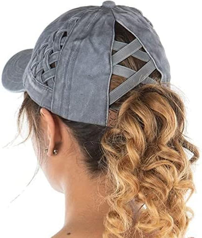 Ponytail Hat for Women - Baseball Cap with Adjustable Fit & High Pony Tail Criss Cross Back for Everyday Wear