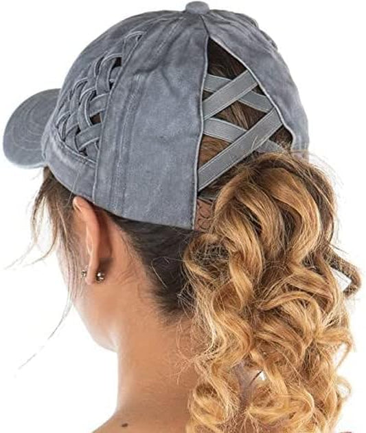 Ponytail Hat for Women - Baseball Cap with Adjustable Fit & High Pony Tail Criss Cross Back for Everyday Wear