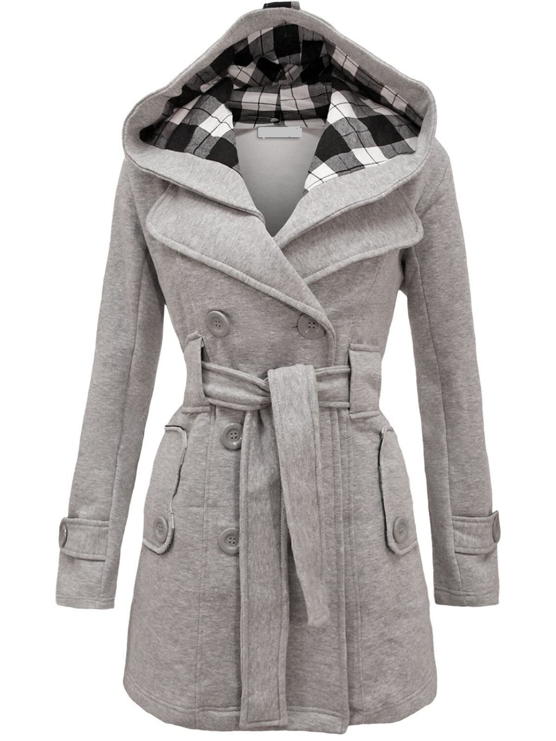 Women's Checkered Hooded Belted Winter Duffle Coat with Long Buttoned Fleece Jacket