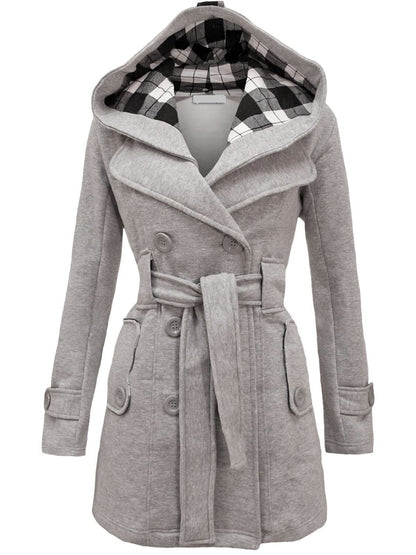 Women's Checkered Hooded Belted Winter Duffle Coat with Long Buttoned Fleece Jacket