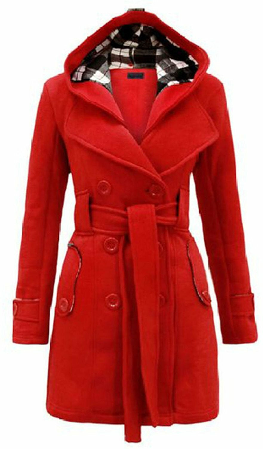 Women's Checkered Hooded Belted Winter Duffle Coat with Long Buttoned Fleece Jacket