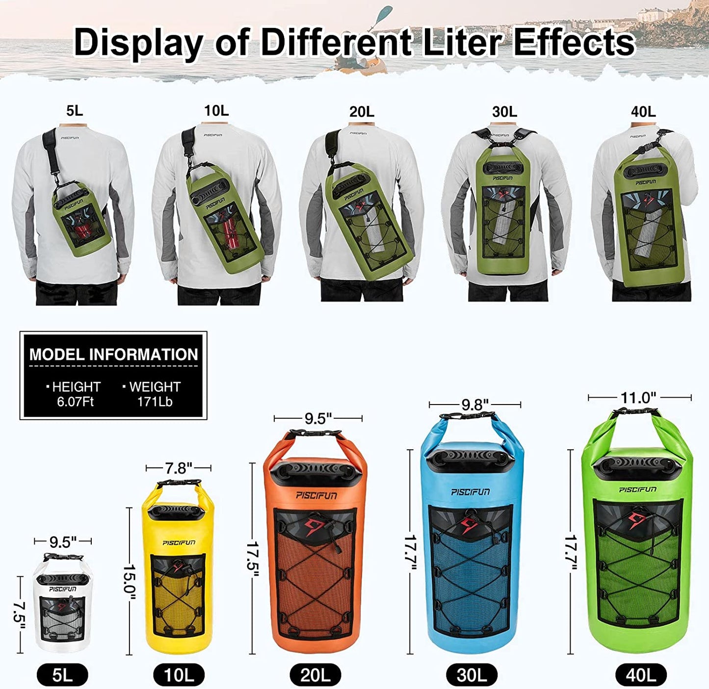 Dry Bag, Waterproof Floating Backpack 5L/10L/20L/30L/40L with Waterproof Phone Case for Boating, Kayaking, Fishing