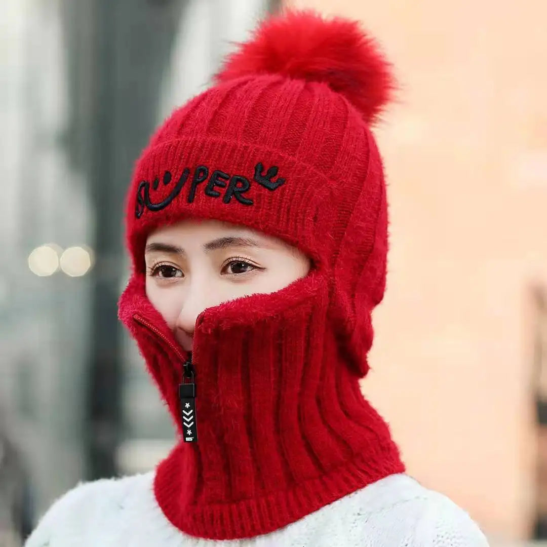 Cozy Coral Fleece Winter Hat for Women with Fur, Zipper & Pompoms - Ultimate Warmth & Style!
