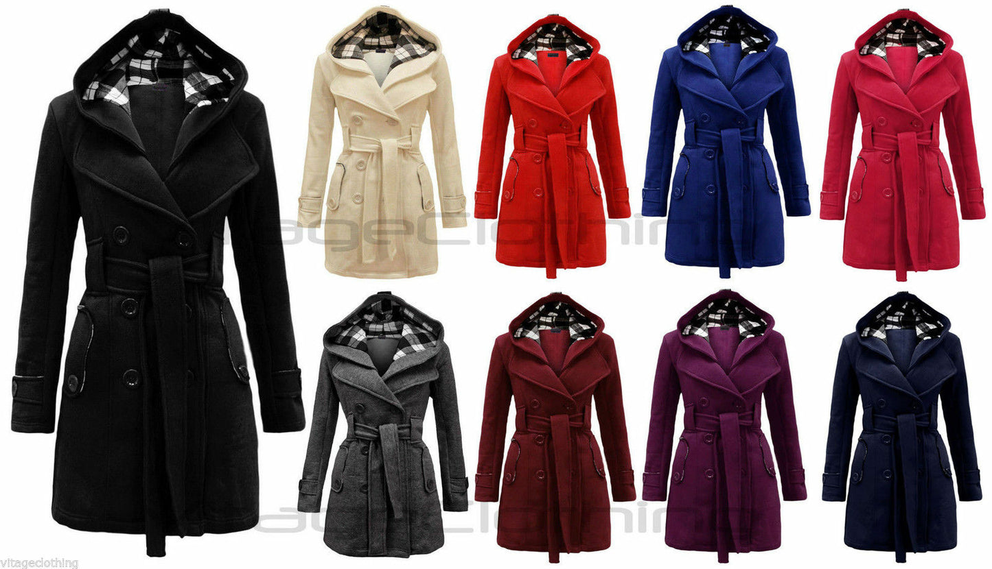 Women's Checkered Hooded Belted Winter Duffle Coat with Long Buttoned Fleece Jacket