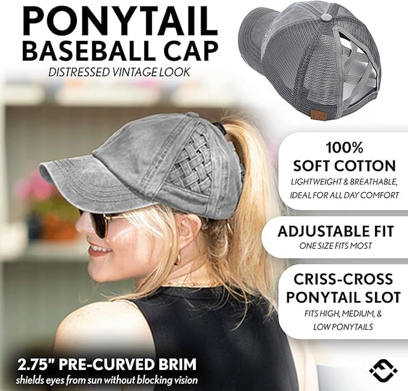 Ponytail Hat for Women - Baseball Cap with Adjustable Fit & High Pony Tail Criss Cross Back for Everyday Wear