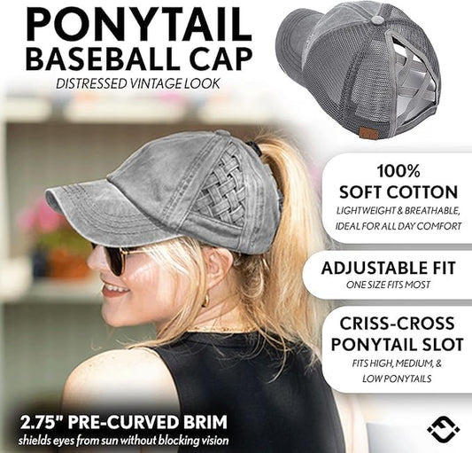 Ponytail Hat for Women - Baseball Cap with Adjustable Fit & High Pony Tail Criss Cross Back for Everyday Wear