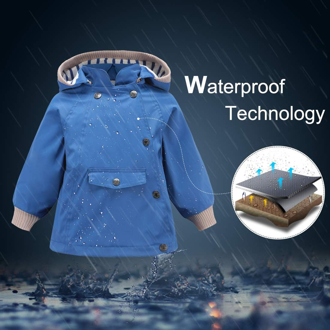 Boys Girls Waterproof Hooded Rain Jacket Kids Cotton Lined Rain Coat Toddler Windbreaker Spring Fall Raincoat