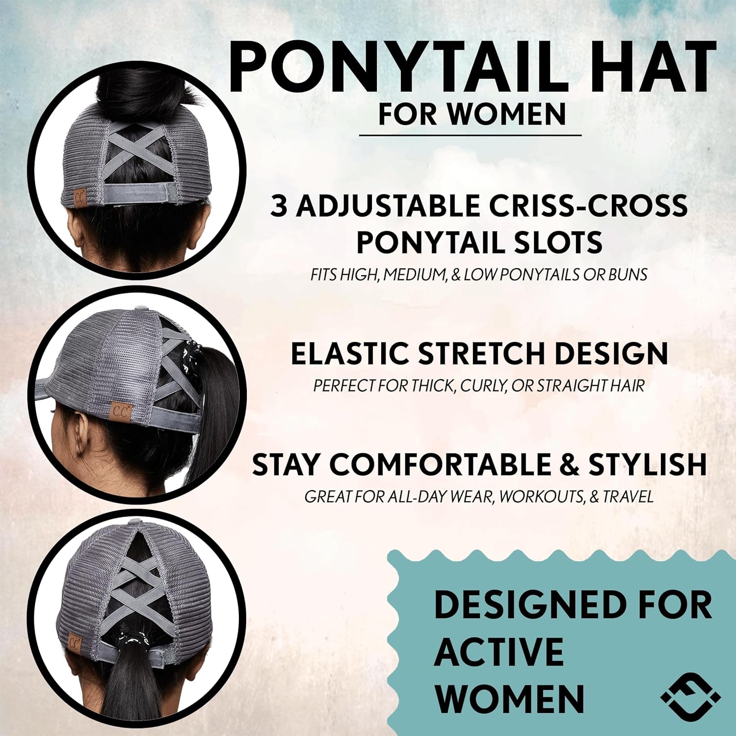 Ponytail Hat for Women - Baseball Cap with Adjustable Fit & High Pony Tail Criss Cross Back for Everyday Wear