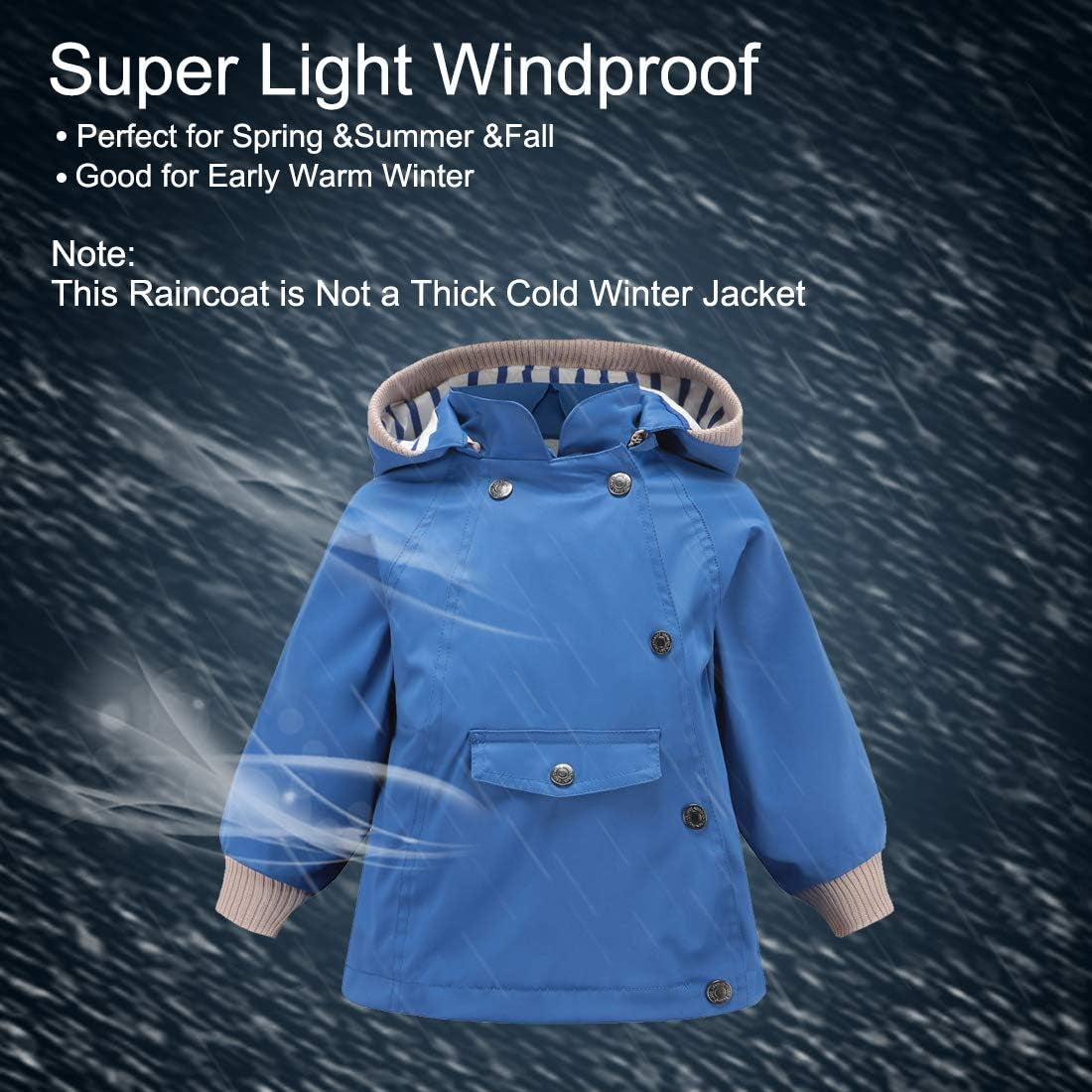 Boys Girls Waterproof Hooded Rain Jacket Kids Cotton Lined Rain Coat Toddler Windbreaker Spring Fall Raincoat