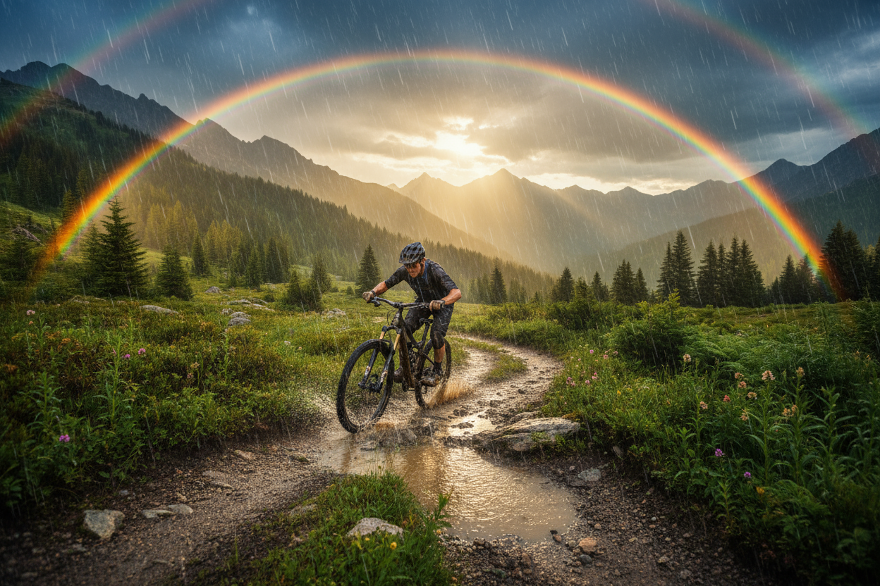 exciting scene of mountain biking on a trail with rain and sun producing beautiful double rainbows